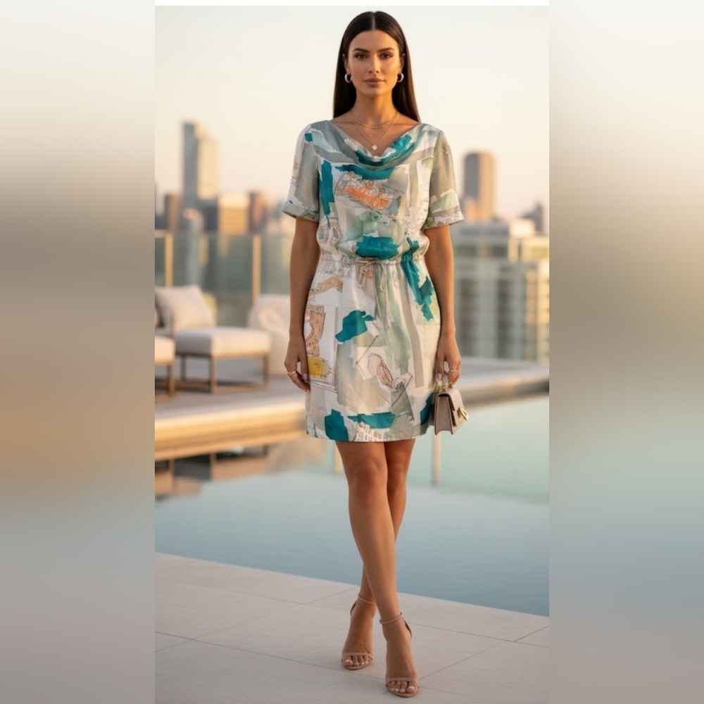 Piazza Sempione Teal, White & Beige Abstract Silk-Blend Short Dress